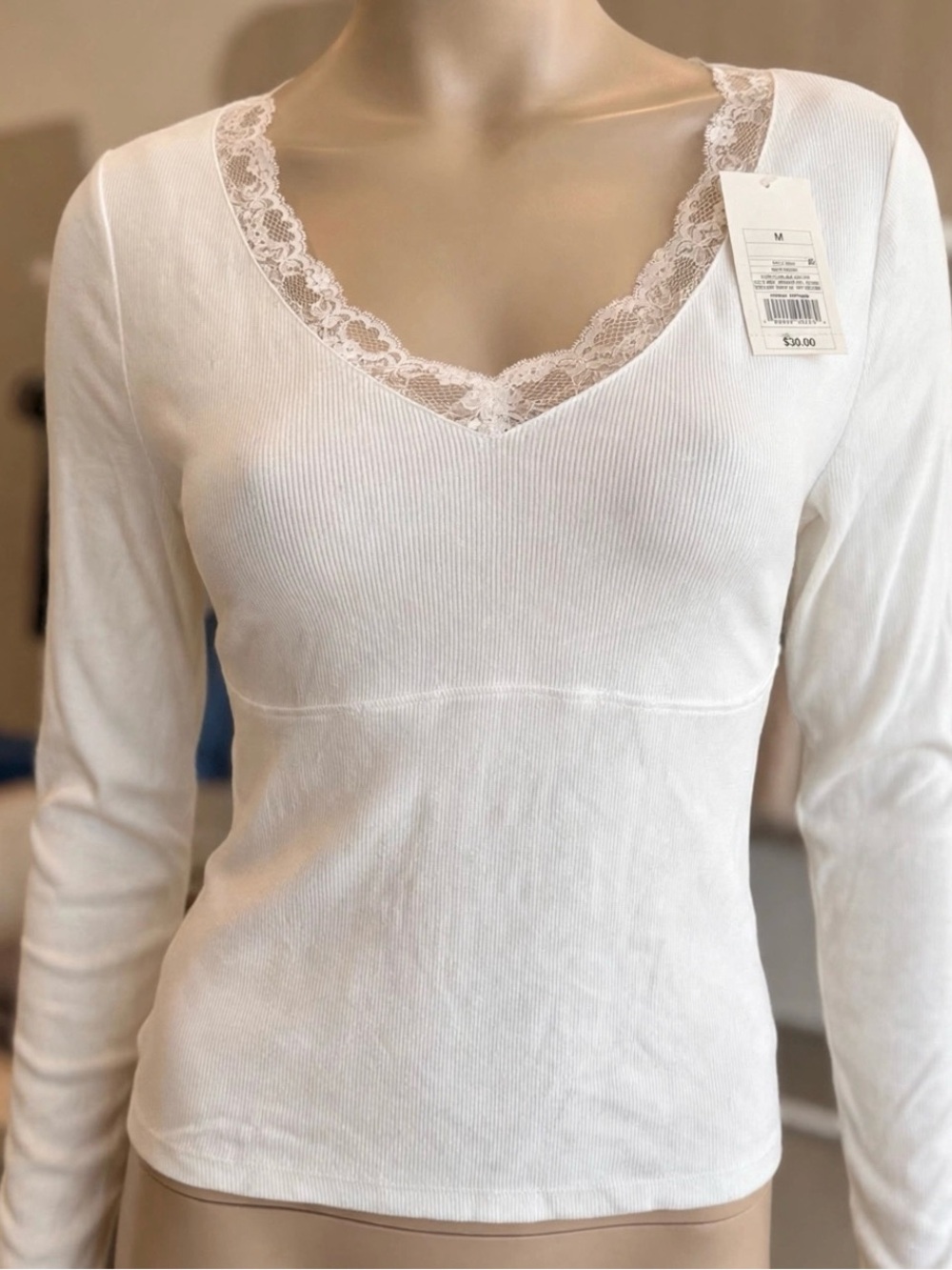 Target White Lace-Trim V-Neck Long Sleeve Tee
